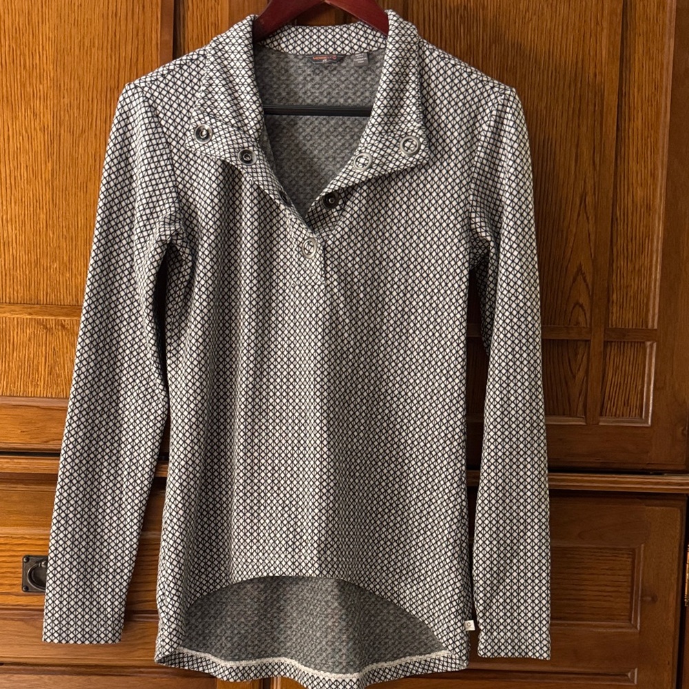 Merrell Indira Snap Placket Pullover Geometric Knit High-Low Outdoor Casual Cozy
